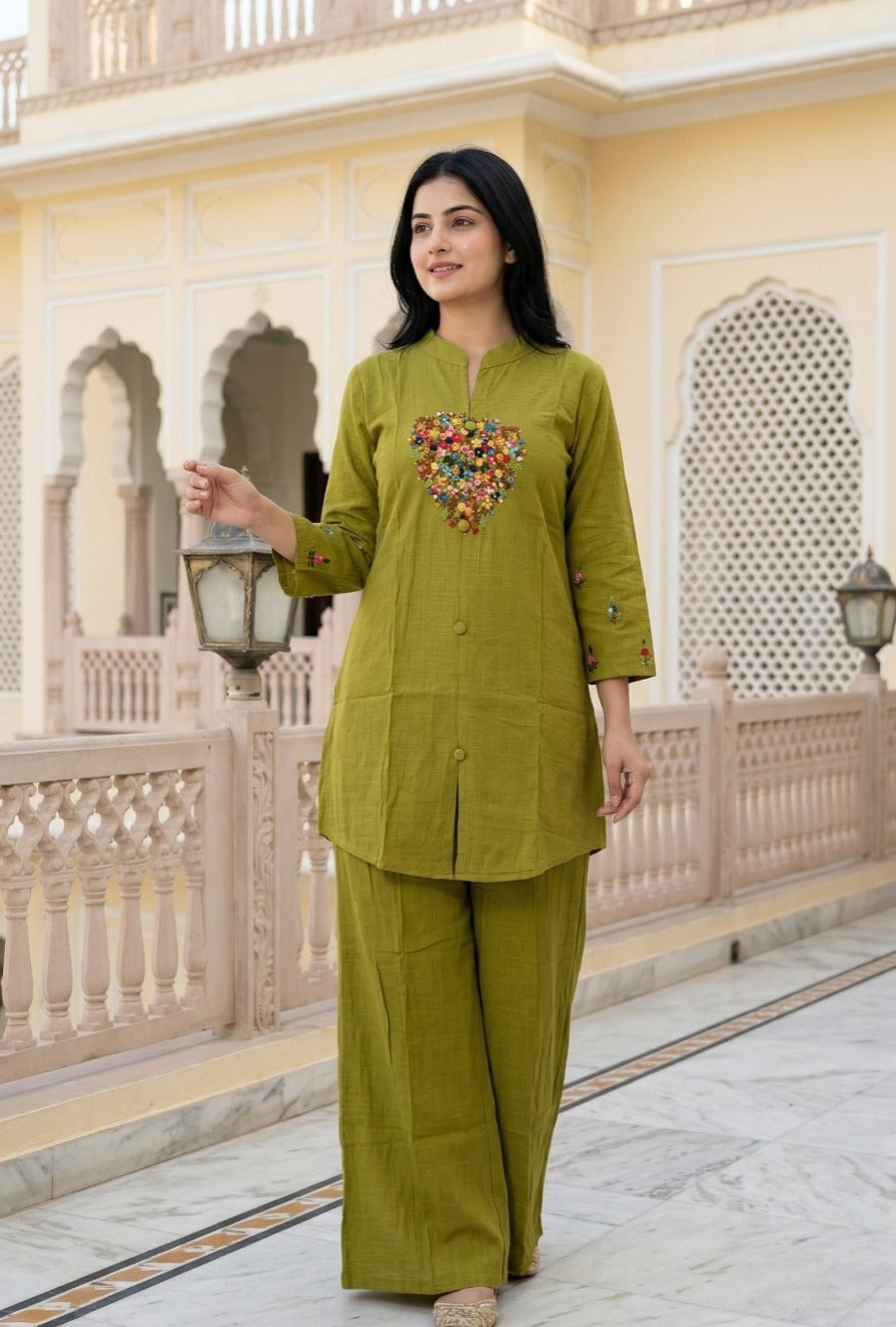 Olive Green Roman Silk Embroidered Co-Ord Set | Premium Designer 2 Piece Coord Set