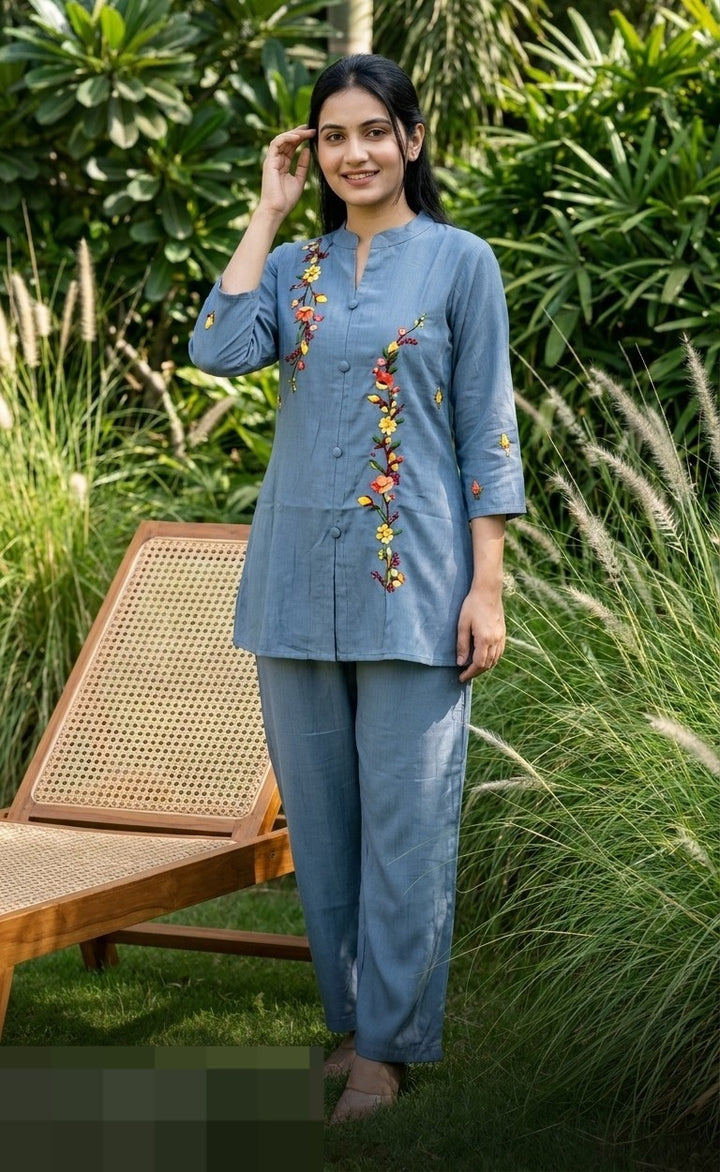 Roman Silk Embroidered Co-Ord Set  | Designer 2 Piece Coord Set
