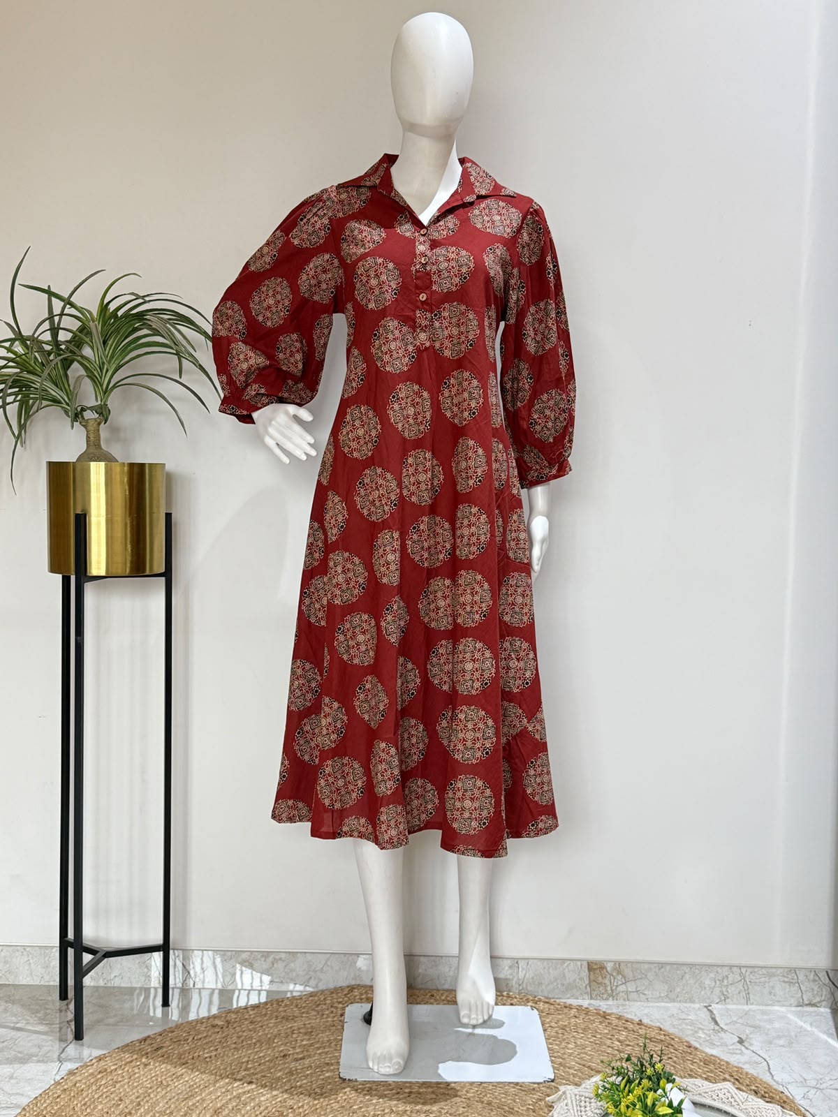 Maroon Pure Cotton Printed One Piece Dress | A-Line Cotton Midi Dress