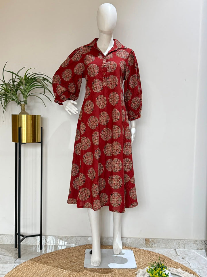 Maroon Pure Cotton Printed One Piece Dress | A-Line Cotton Midi Dress