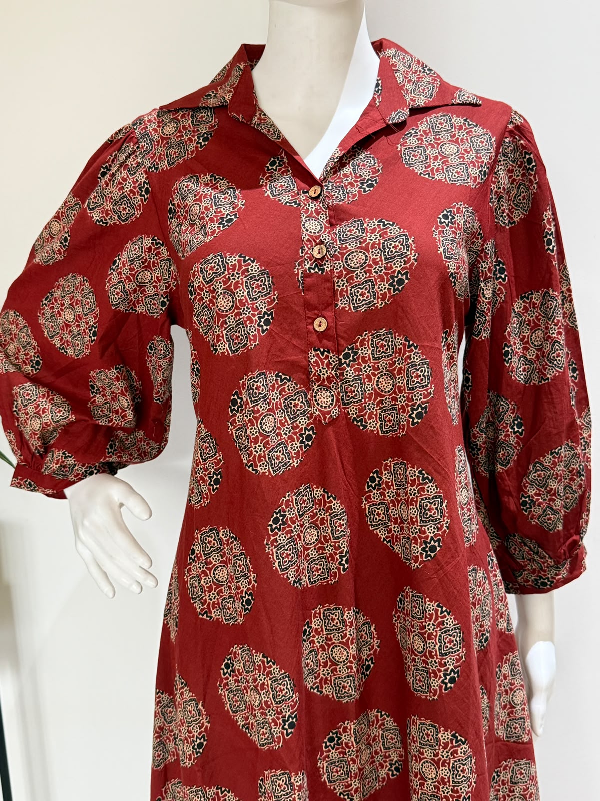 Maroon Pure Cotton Printed One Piece Dress | A-Line Cotton Midi Dress
