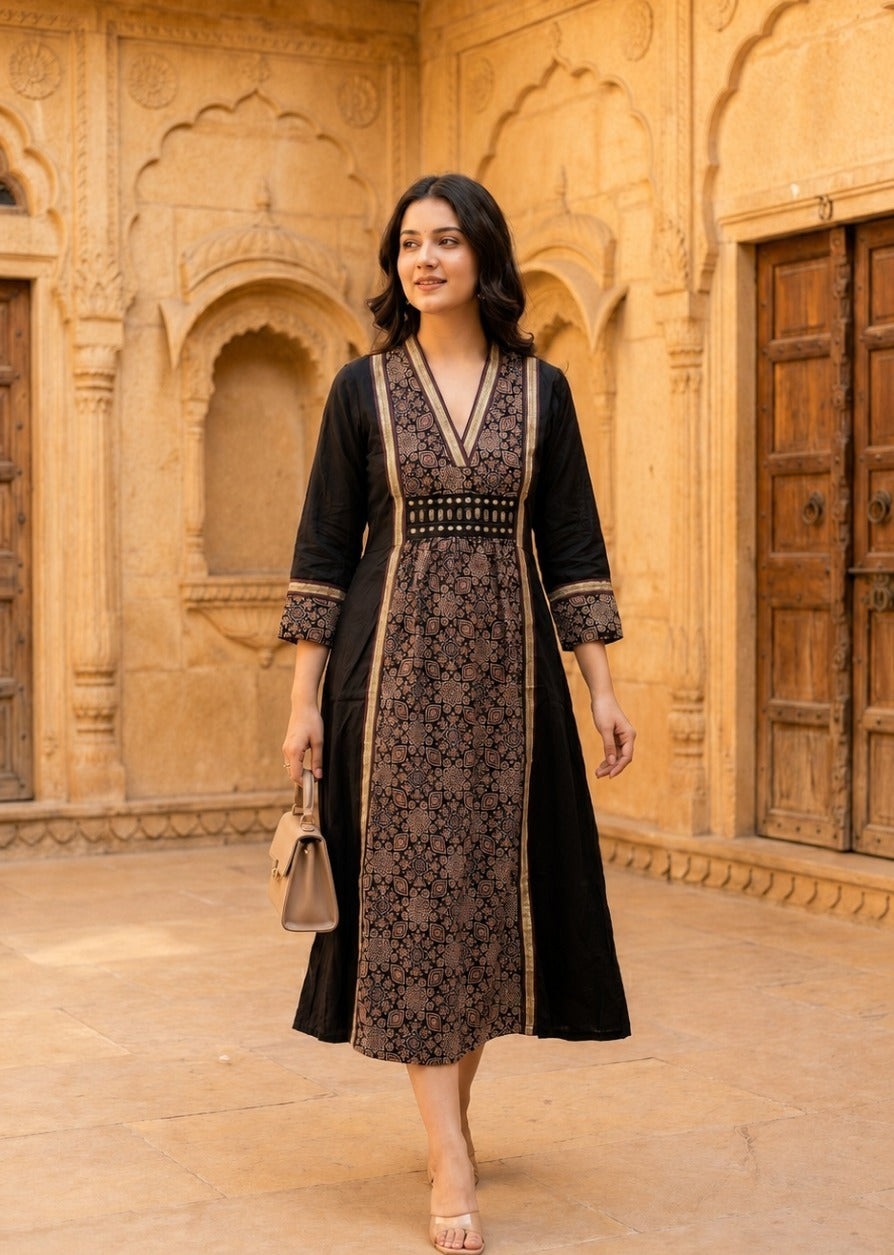 Black Modal Silk One Piece Dress | Designer Printed A-Line Dress
