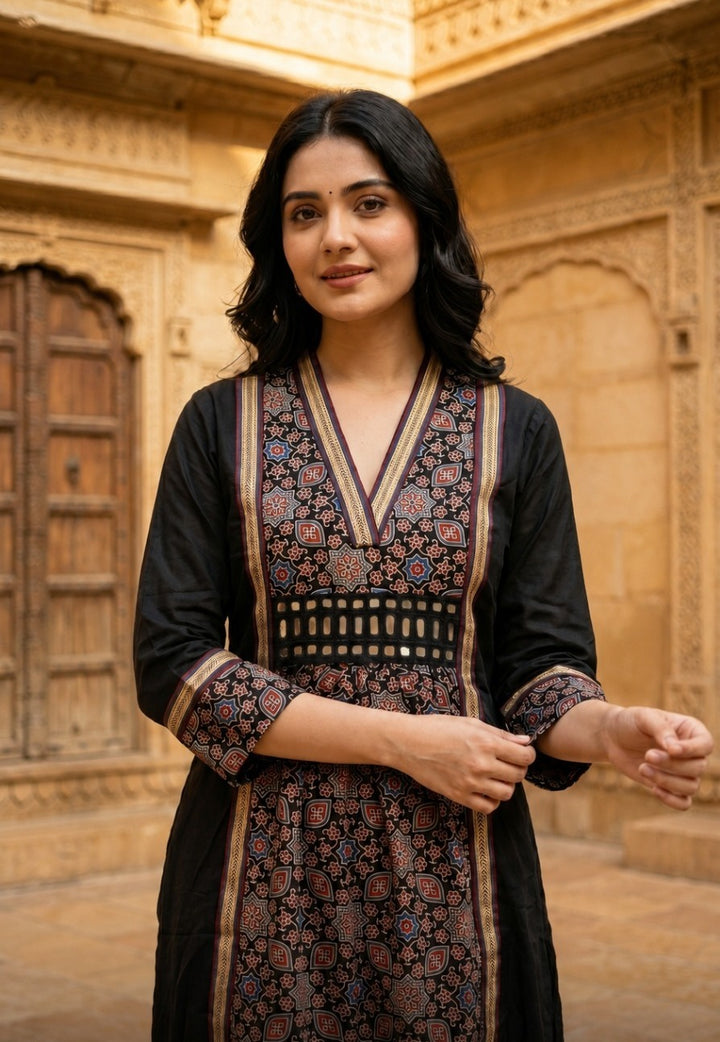 Black Modal Silk One Piece Dress | Designer Printed A-Line Dress
