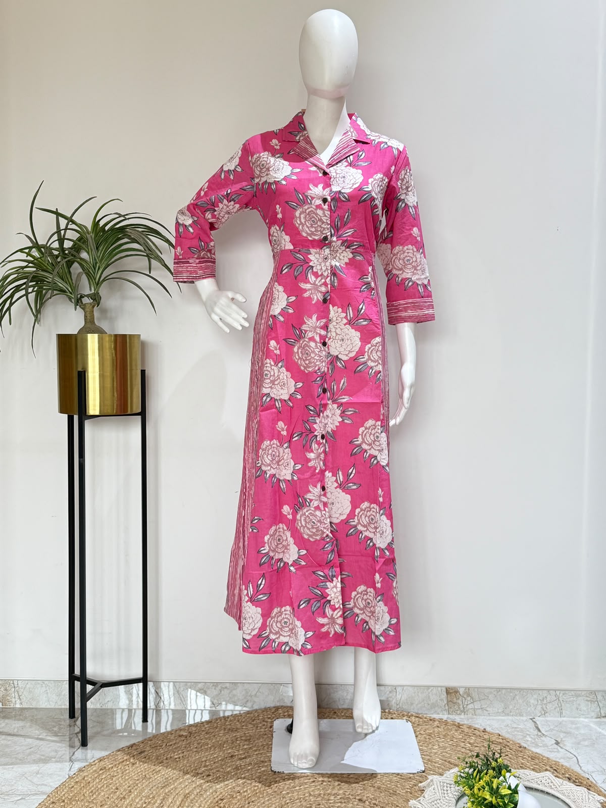 Pink Floral Printed Cotton One Piece Dress| Shirt Collar Maxi Dress