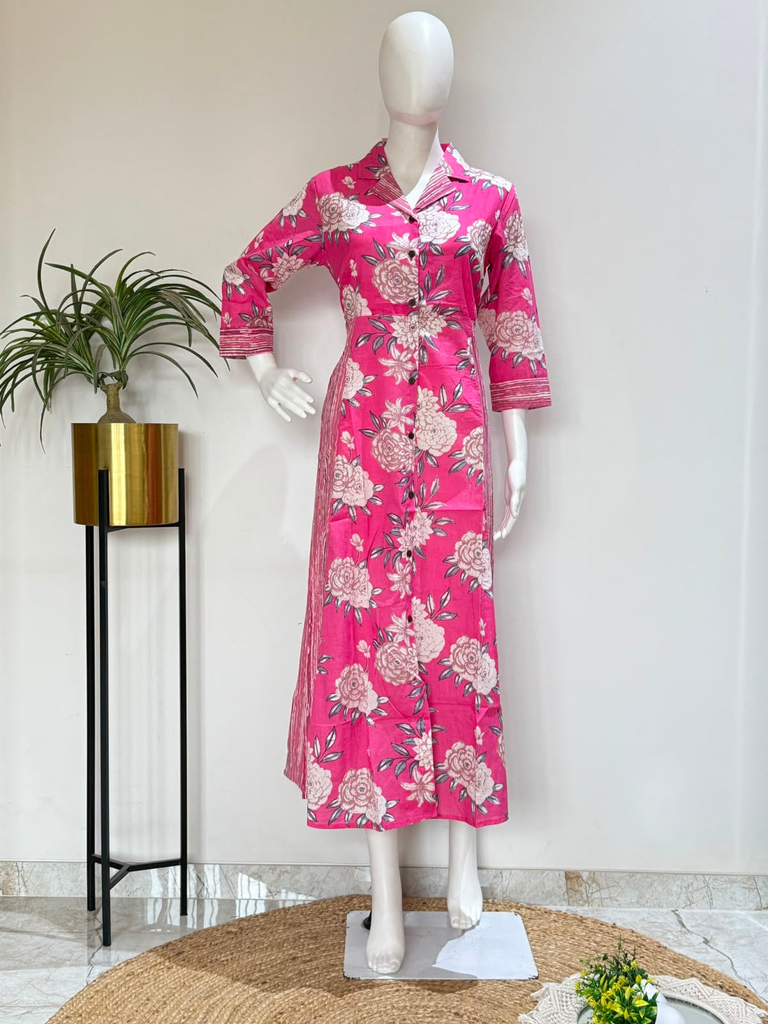 Pink Floral Printed Cotton One Piece Dress| Shirt Collar Maxi Dress
