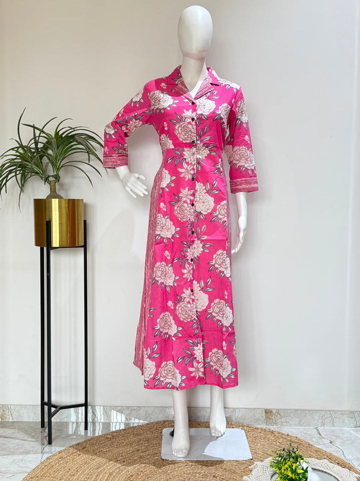 Pink Floral Printed Cotton One Piece Dress| Shirt Collar Maxi Dress