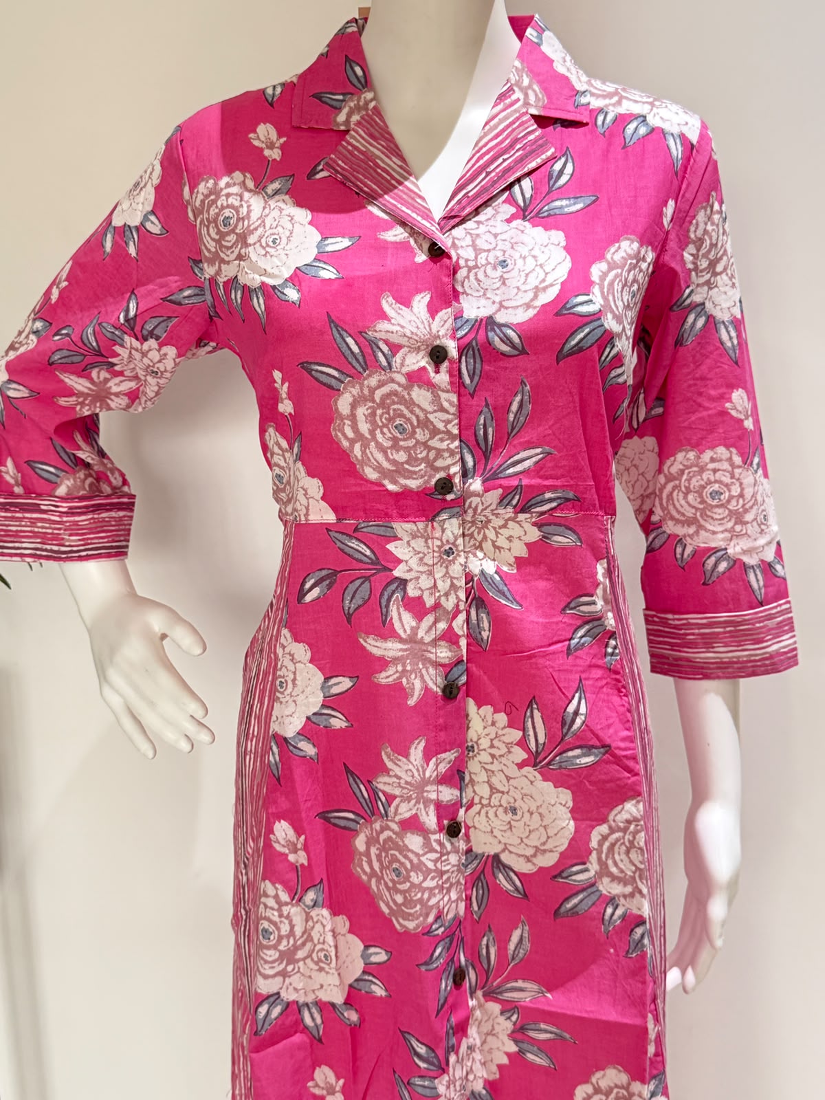 Pink Floral Printed Cotton One Piece Dress| Shirt Collar Maxi Dress