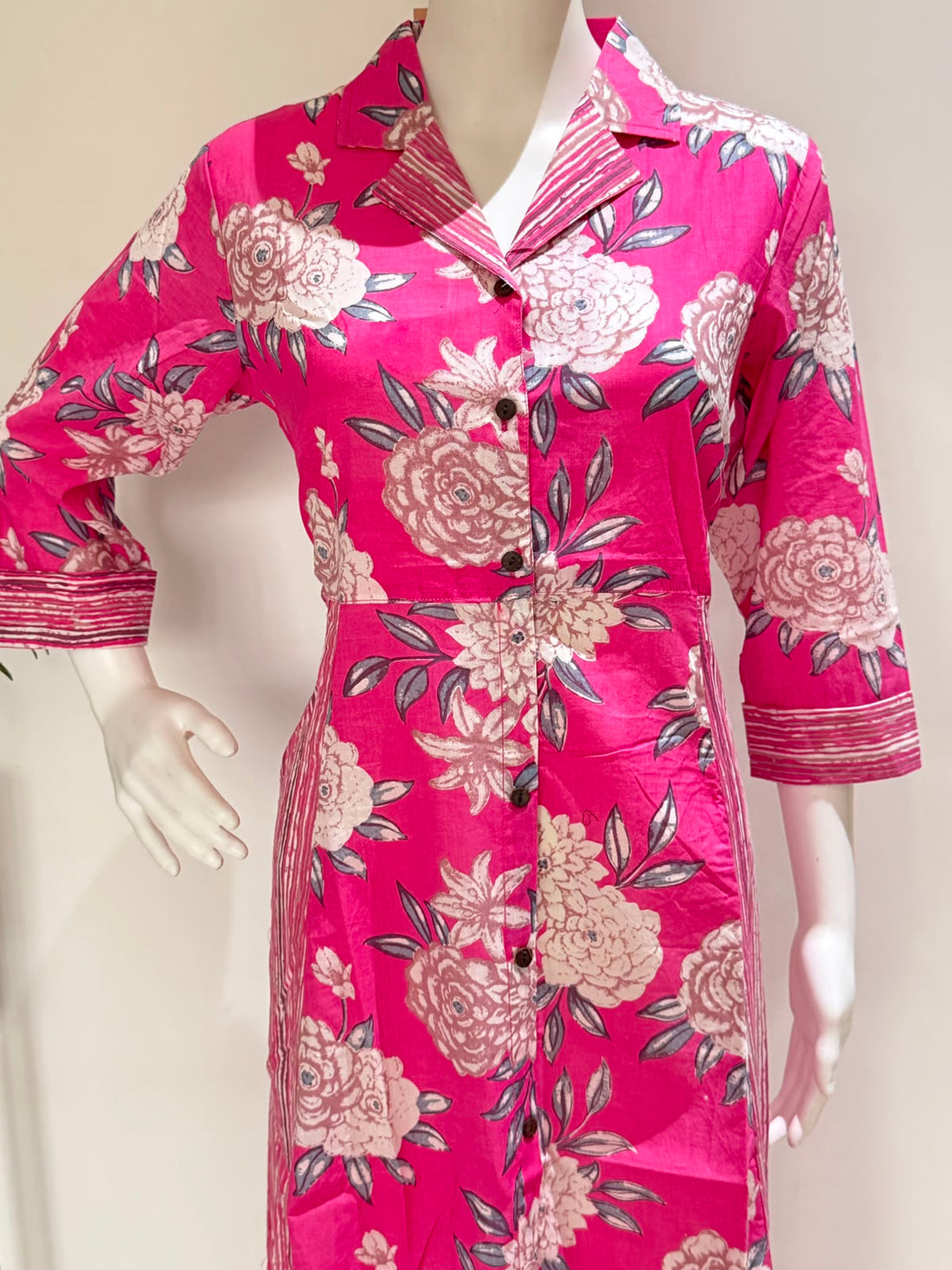 Pink Floral Printed Cotton One Piece Dress| Shirt Collar Maxi Dress
