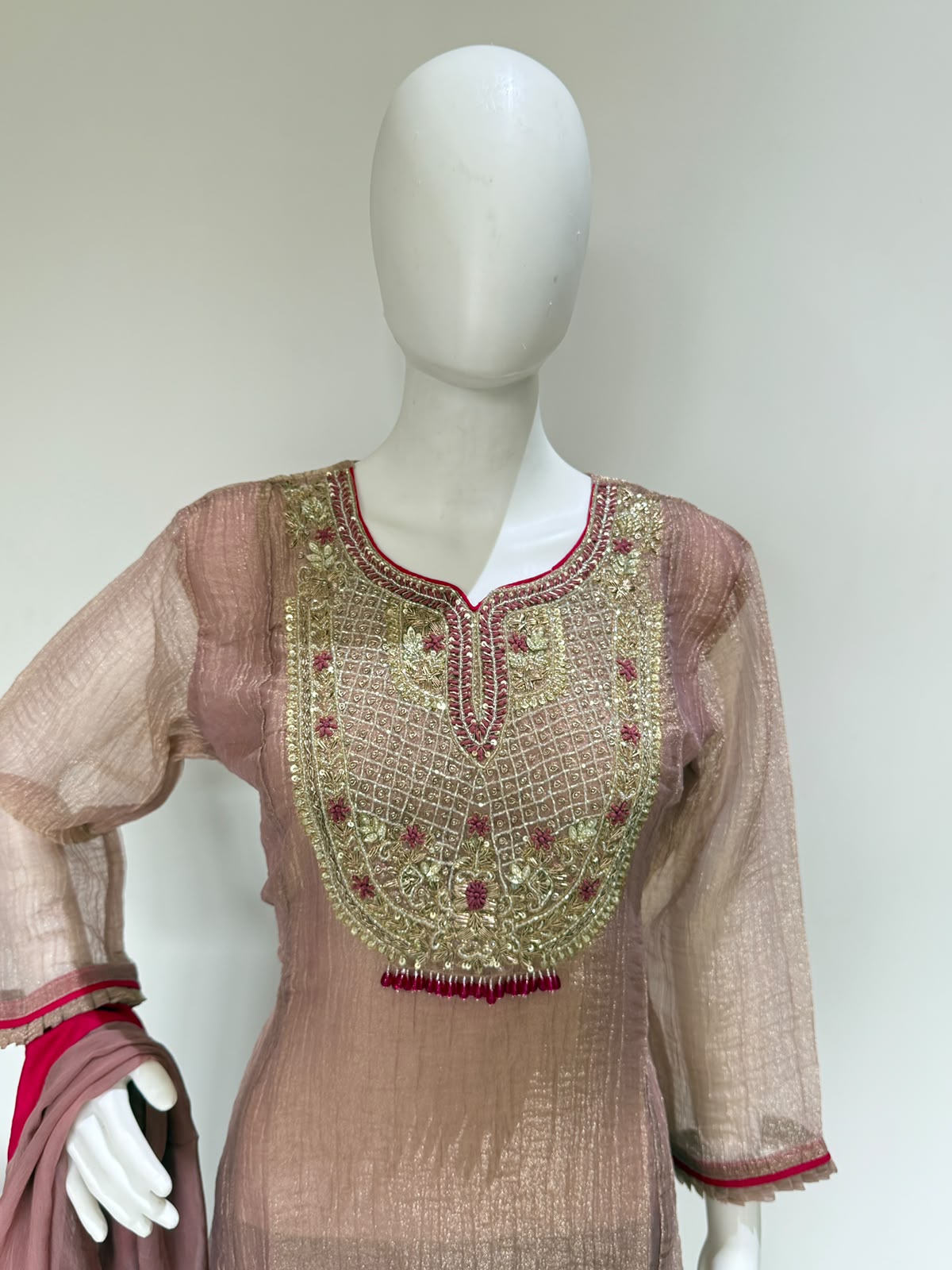 Glass Tissue Heavy Handwork Kurta Pant Dupatta Set | Premium Party Wear 3 Piece Suit