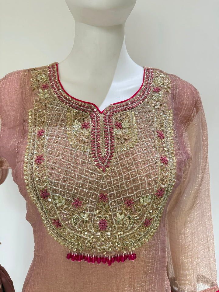 Glass Tissue Heavy Handwork Kurta Pant Dupatta Set | Premium Party Wear 3 Piece Suit