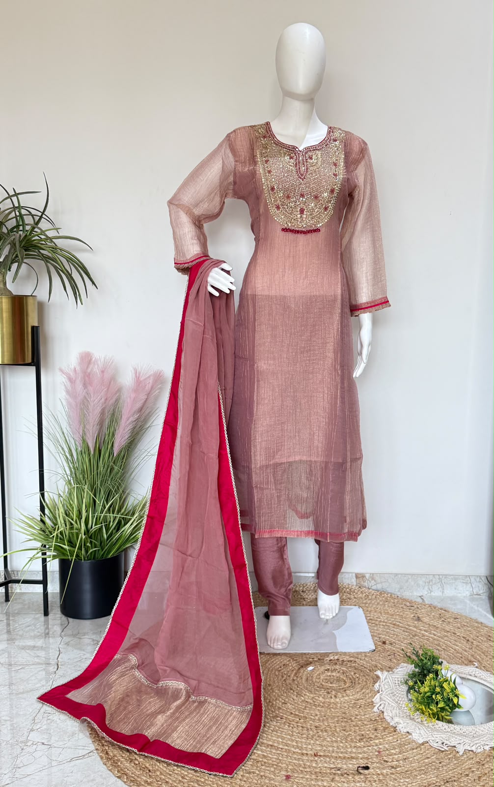 Glass Tissue Heavy Handwork Kurta Pant Dupatta Set | Premium Party Wear 3 Piece Suit
