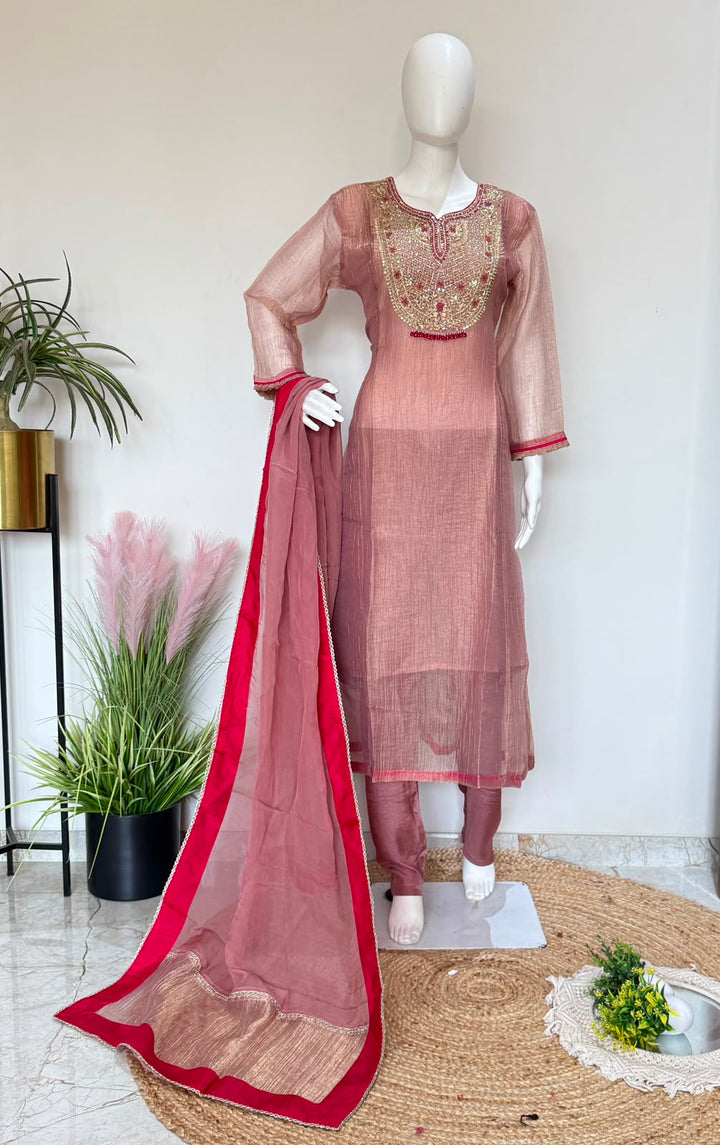 Glass Tissue Heavy Handwork Kurta Pant Dupatta Set | Premium Party Wear 3 Piece Suit