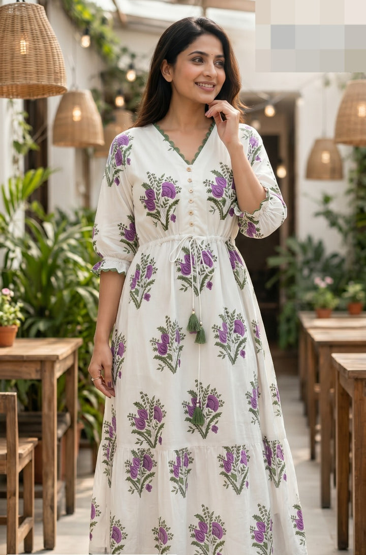 Pure Cotton Printed One Piece Dress with Lining | White Floral Mul Cotton Dress | Rangritii