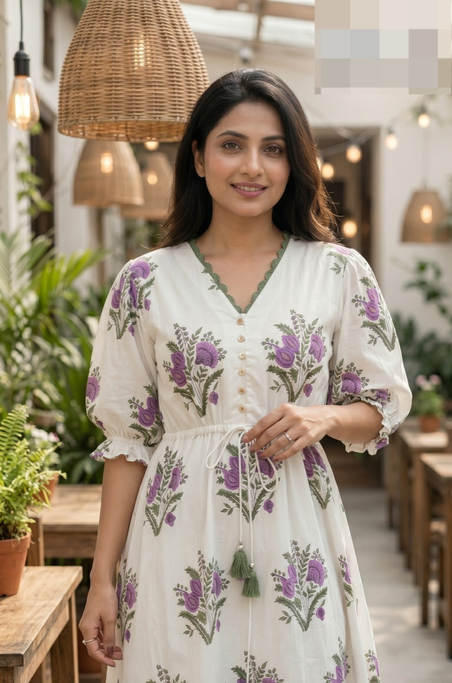 Pure Cotton Printed One Piece Dress with Lining | White Floral Mul Cotton Dress | Rangritii