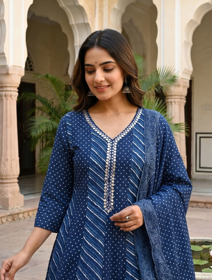 Navy Blue Pure Mul Cotton Anarkali Suit Set with Lahriya Dupatta |  Ethnic Wear | Rangritii