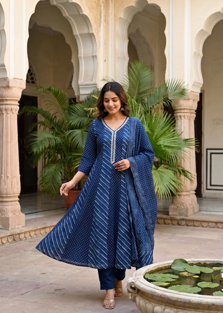 Navy Blue Pure Mul Cotton Anarkali Suit Set with Lahriya Dupatta |  Ethnic Wear | Rangritii