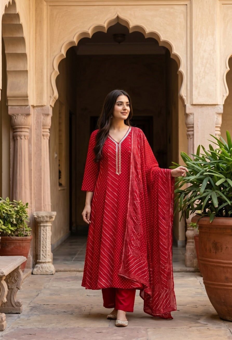 Dark Rust Orange Mul Cotton with Lining A-Line Kurta Pant Set with Dupatta | Elegant Ethnic Wear | Rangritii