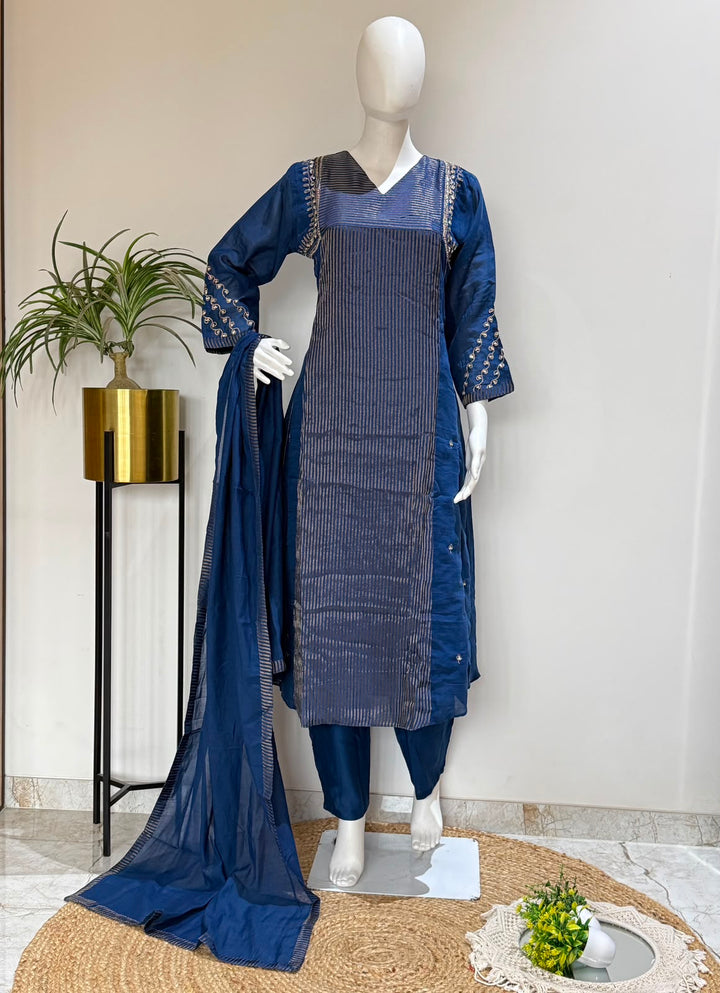 Pure Mul Chanderi A-Line Kurta Pant Set with Dupatta | Festive Ethnic Wear | Rangritii
