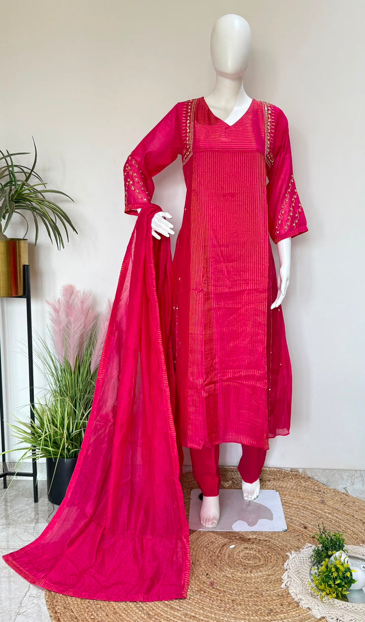 Hot Pink Pure mul chanderi  Kurta Pant Set with Dupatta | Festive Ethnic Wear | Rangritii