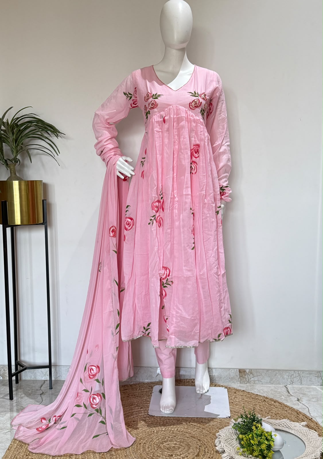 Pink Floral Printed Cotton Anarkali Suit Set with Dupatta | 3 Piece Ethnic Wear | Rangritii
