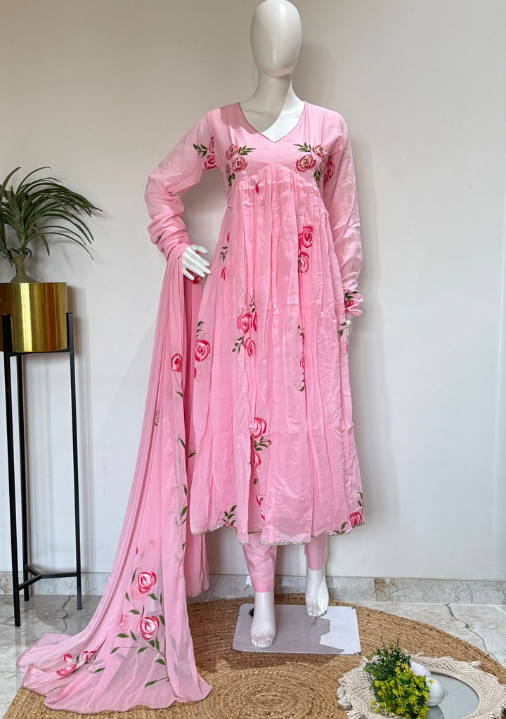 Pink Floral Printed Cotton Anarkali Suit Set with Dupatta | 3 Piece Ethnic Wear | Rangritii