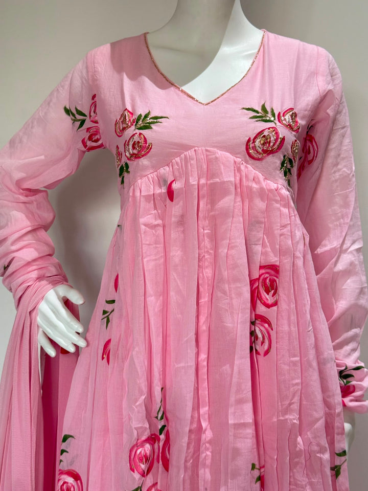 Pink Floral Printed Cotton Anarkali Suit Set with Dupatta | 3 Piece Ethnic Wear | Rangritii
