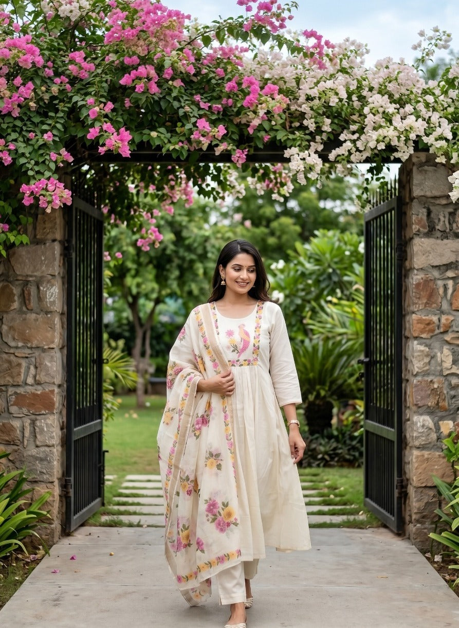 Pure Cotton A-Line Suit Set with Printed Dupatta | Floral Ethnic Wear