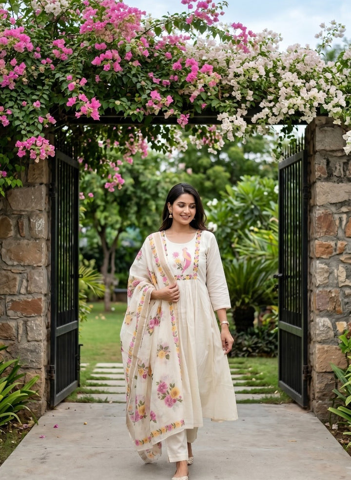 Pure Cotton A-Line Suit Set with Printed Dupatta | Floral Ethnic Wear
