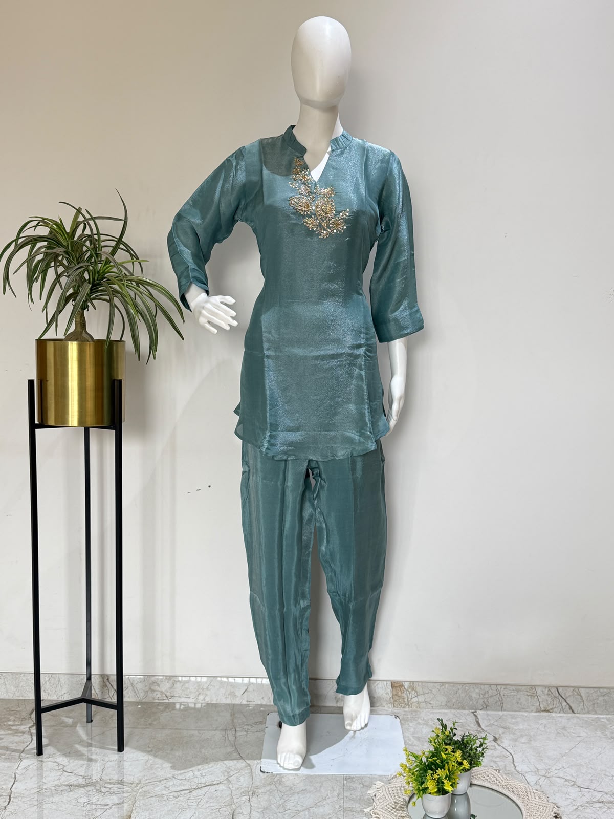 Teal Organza Silk Co-Ord Set with Handwork  | Premium Ethnic Co-Ord Set