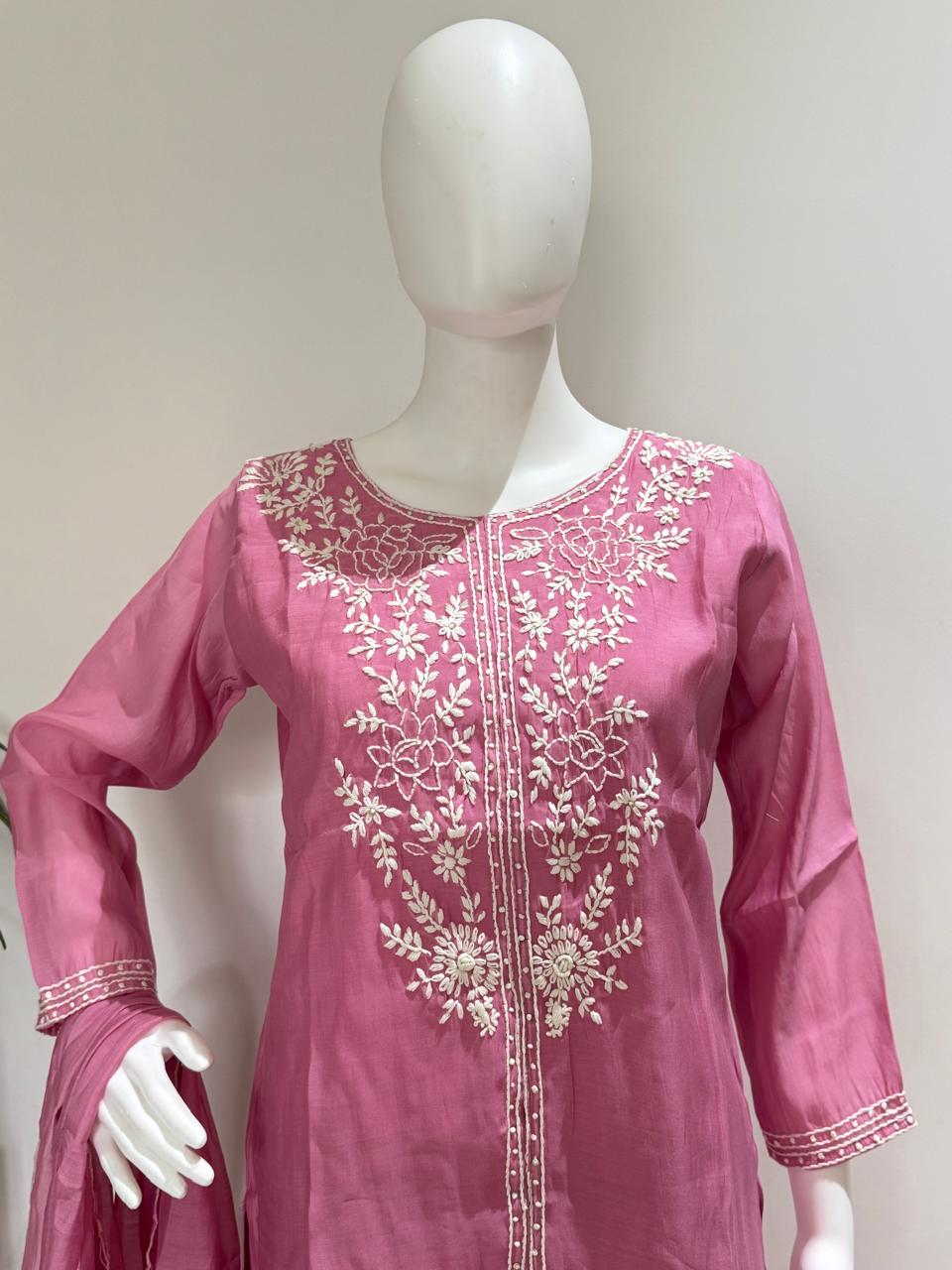Chanderi Silk Hand Embroidered Kurta Pant Set with Dupatta