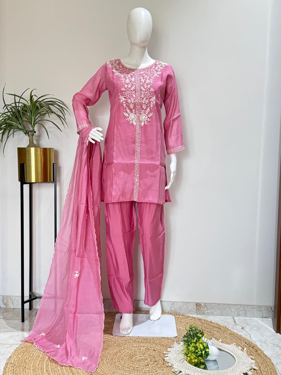 Chanderi Silk Hand Embroidered Kurta Pant Set with Dupatta