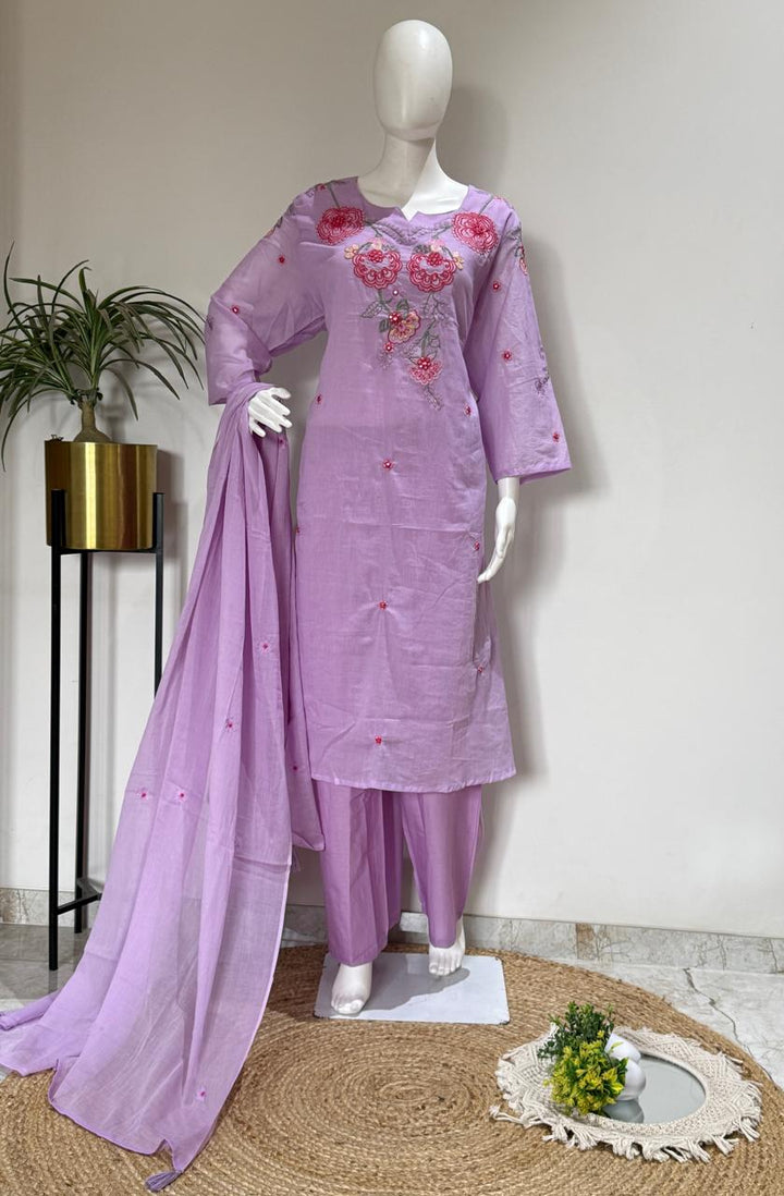 Mul Cotton Embroidered Plus Size Kurta Pant Set with Dupatta | Lining Inside