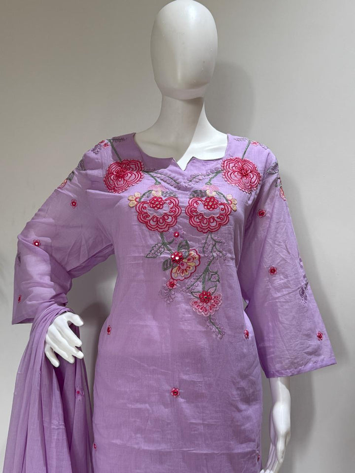 Mul Cotton Embroidered Plus Size Kurta Pant Set with Dupatta | Lining Inside