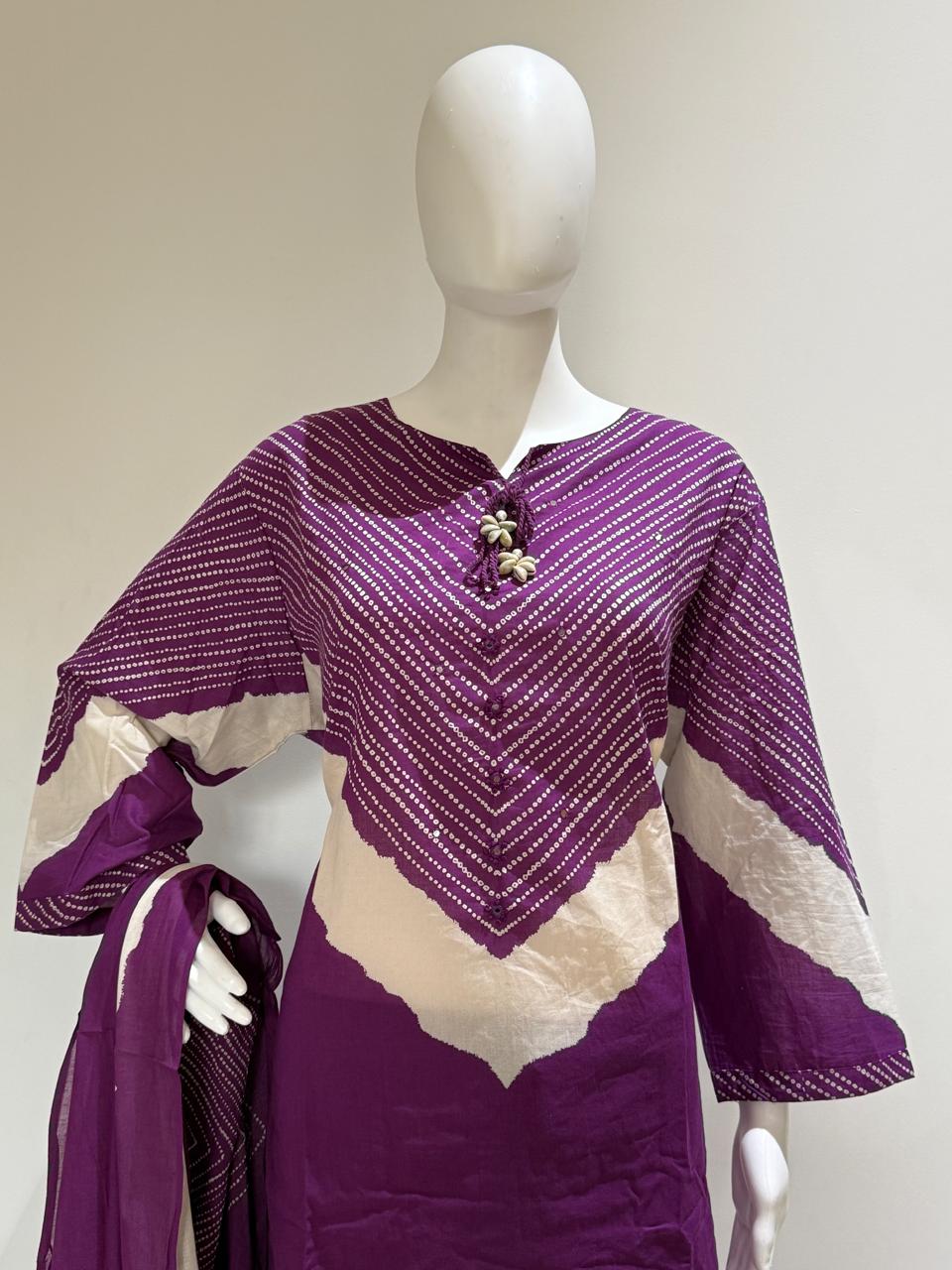 Pure Cotton Bandhani Print Plus Size Kurta Pant Set with Dupatta
