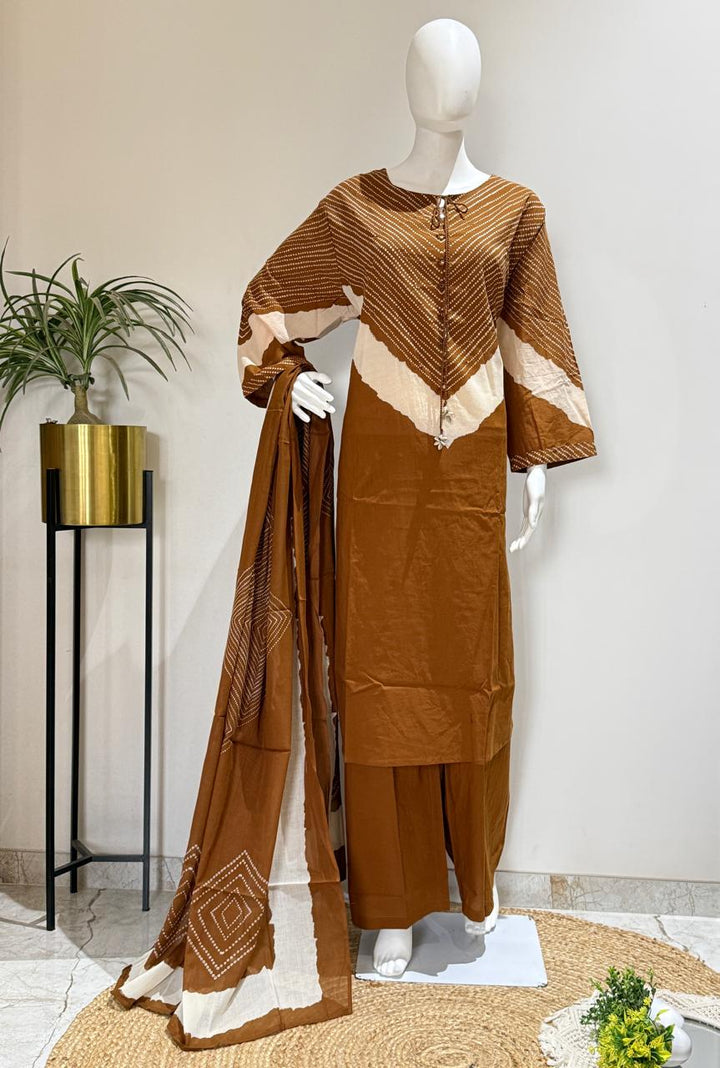 Pure Cotton Bandhani Print Plus Size Kurta Pant Set with Dupatta