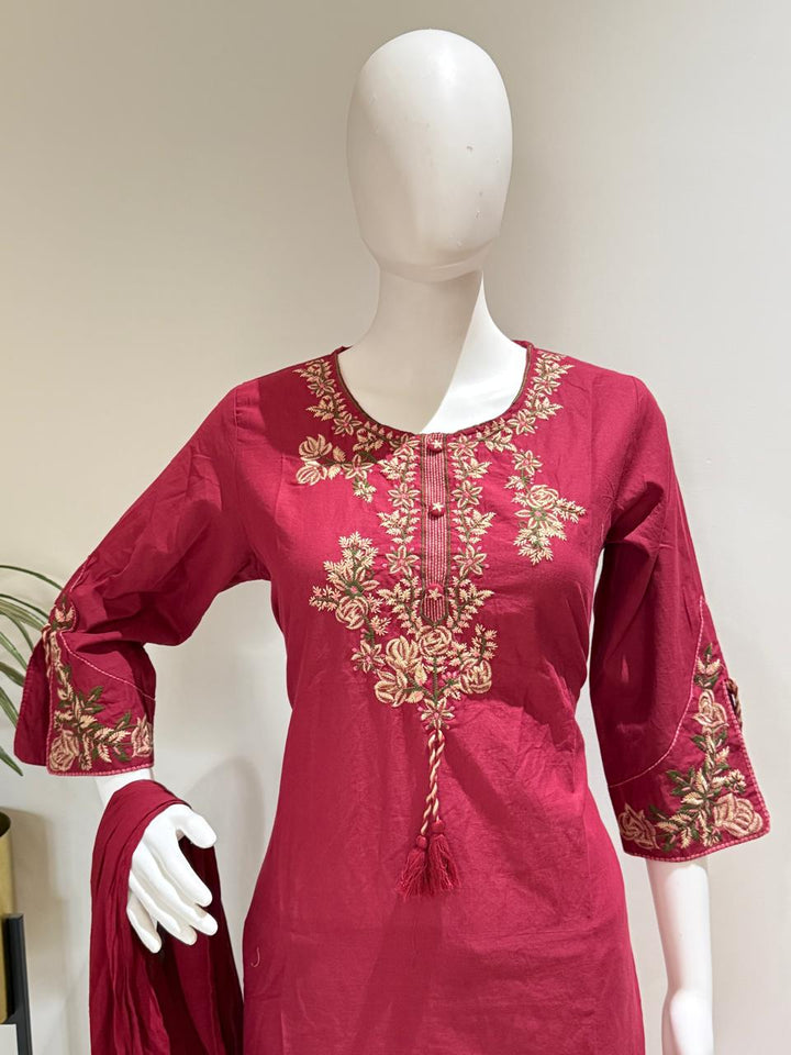 Pure Cotton Embroidered Straight Fit Kurta Pant Set with Dupatta