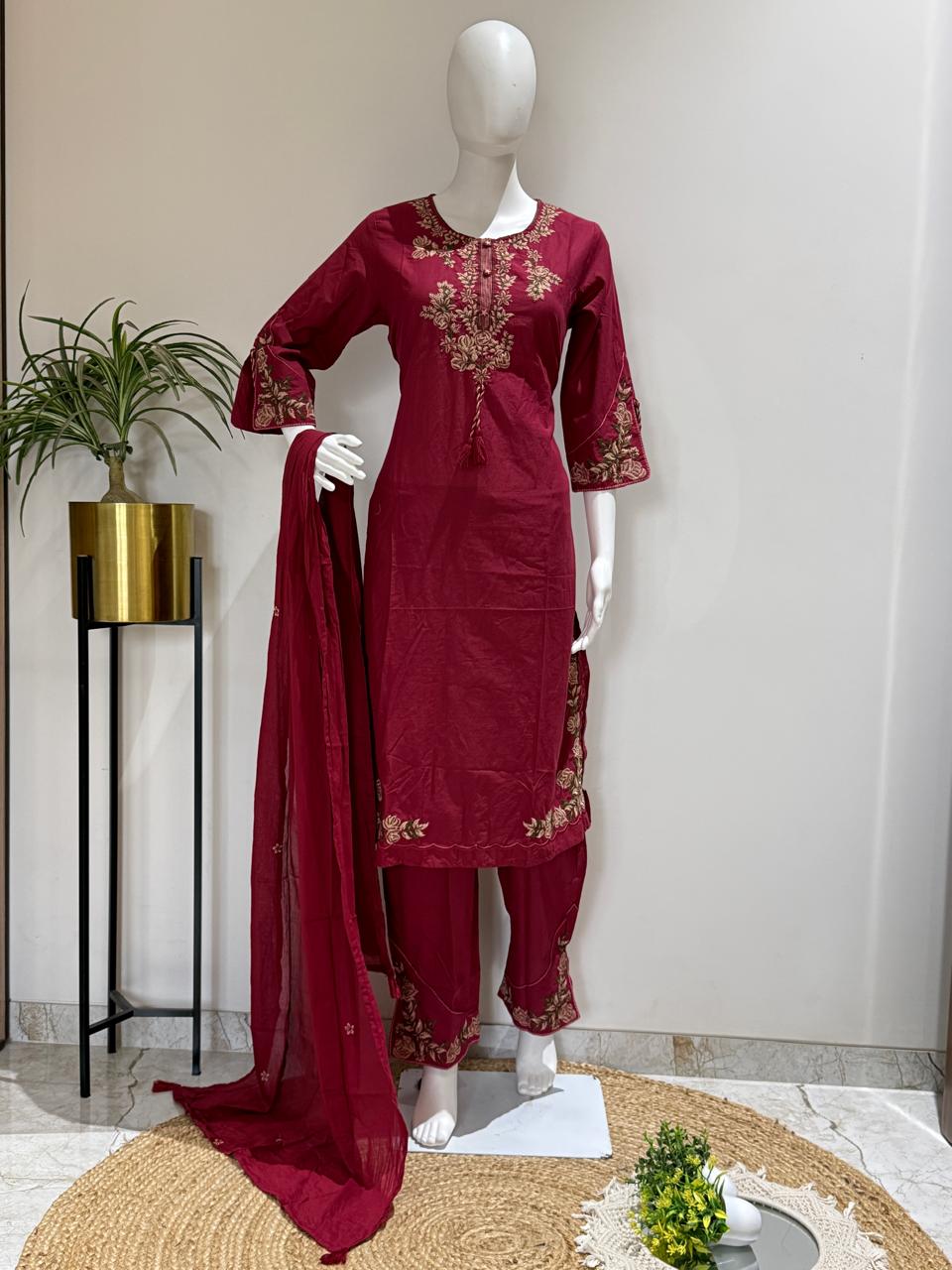 Pure Cotton Embroidered Straight Fit Kurta Pant Set with Dupatta