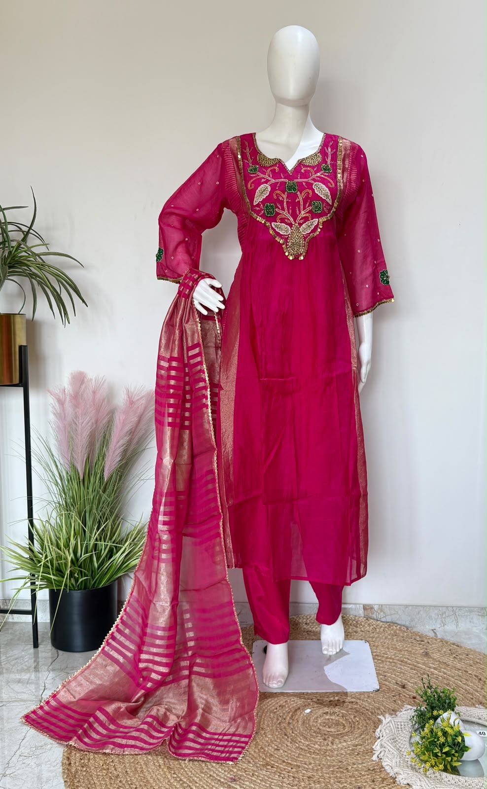 Pure Banarasi Mul Chanderi Handwork Kurta Pant Set with Tissue Dupatta | Lining Inside |