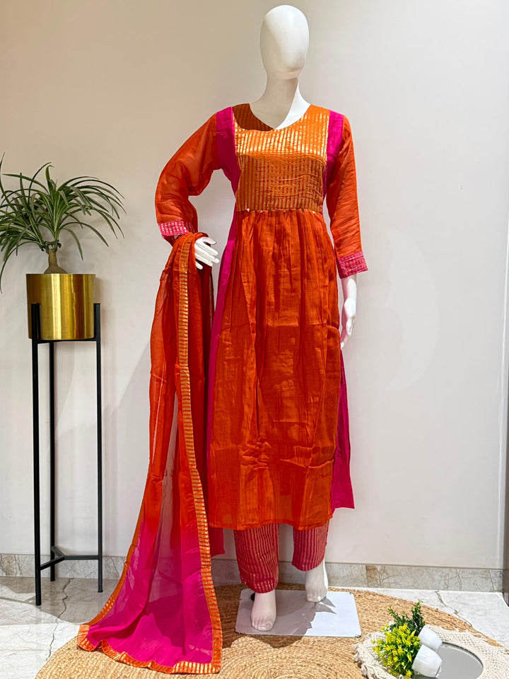 Pure Banarasi Mul Chanderi Kurta Pant Set with Dupatta | Festive Wear