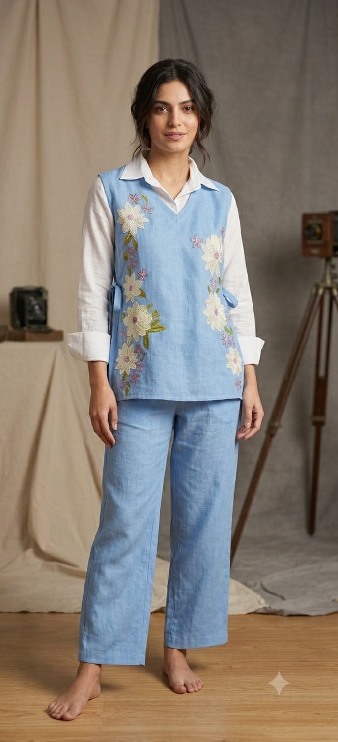 Pure Cotton Co-Ord Set with Cotton Jute Floral Embroidered Jacket | 3 Piece Casual Ethnic Wea