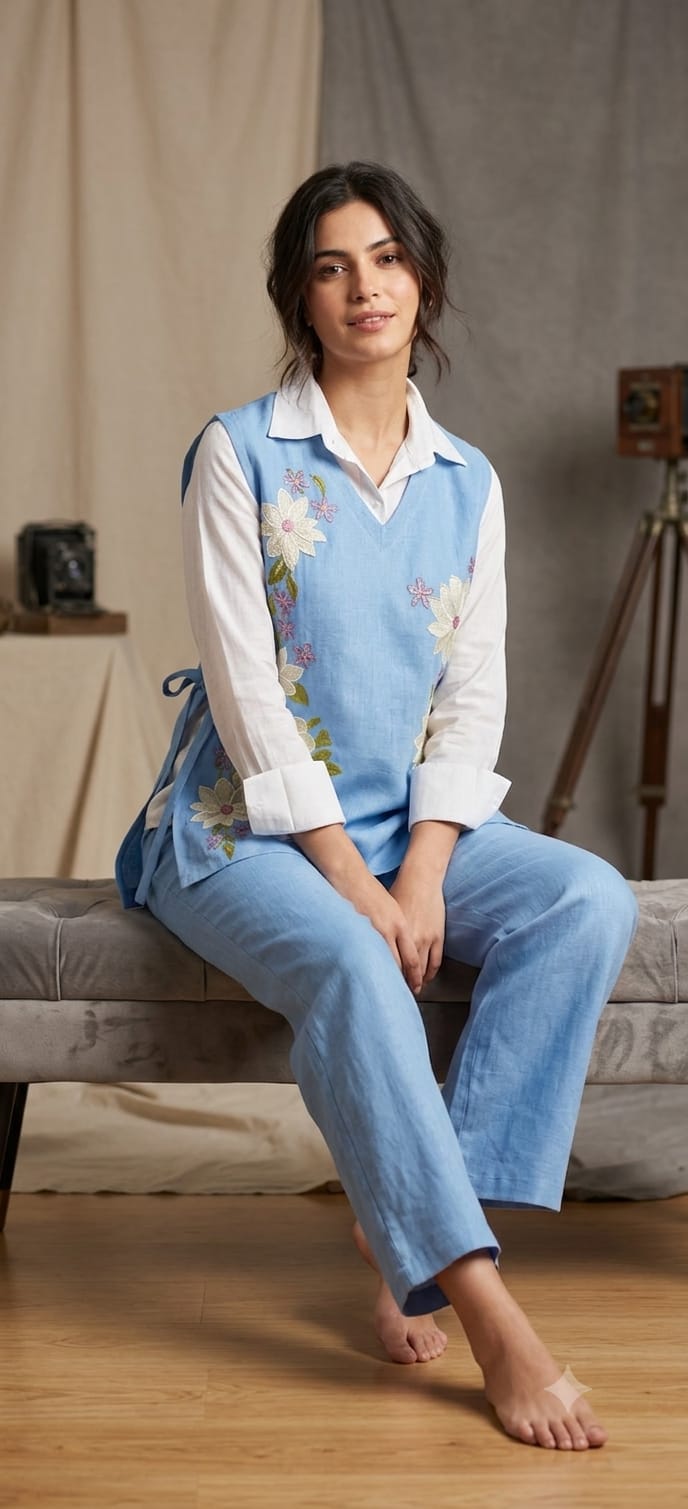 Pure Cotton Co-Ord Set with Cotton Jute Floral Embroidered Jacket | 3 Piece Casual Ethnic Wea