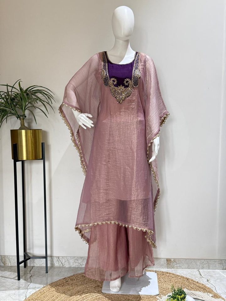 Pure Glass Tissue Kaftan Set with Heavy Handwork & Separate Inner | Party Wear Ethnic Co-Ord Set