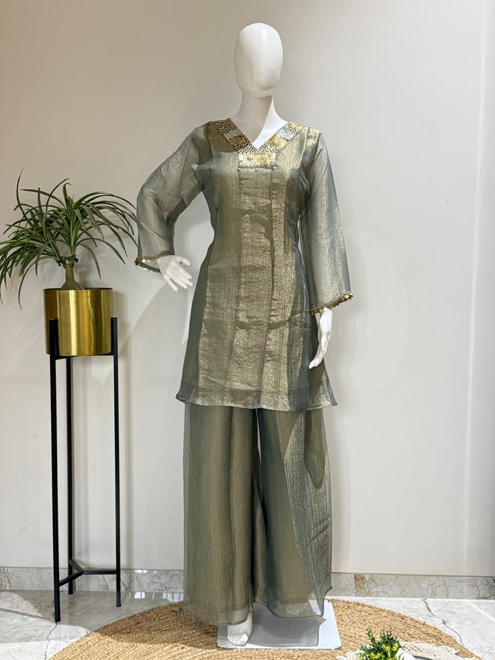 Pure Glass Tissue Kurta Palazzo Set | Heavy Neckline Party Wear Co-Ord Set
