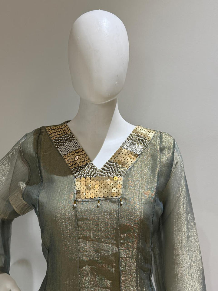 Pure Glass Tissue Kurta Palazzo Set | Heavy Neckline Party Wear Co-Ord Set