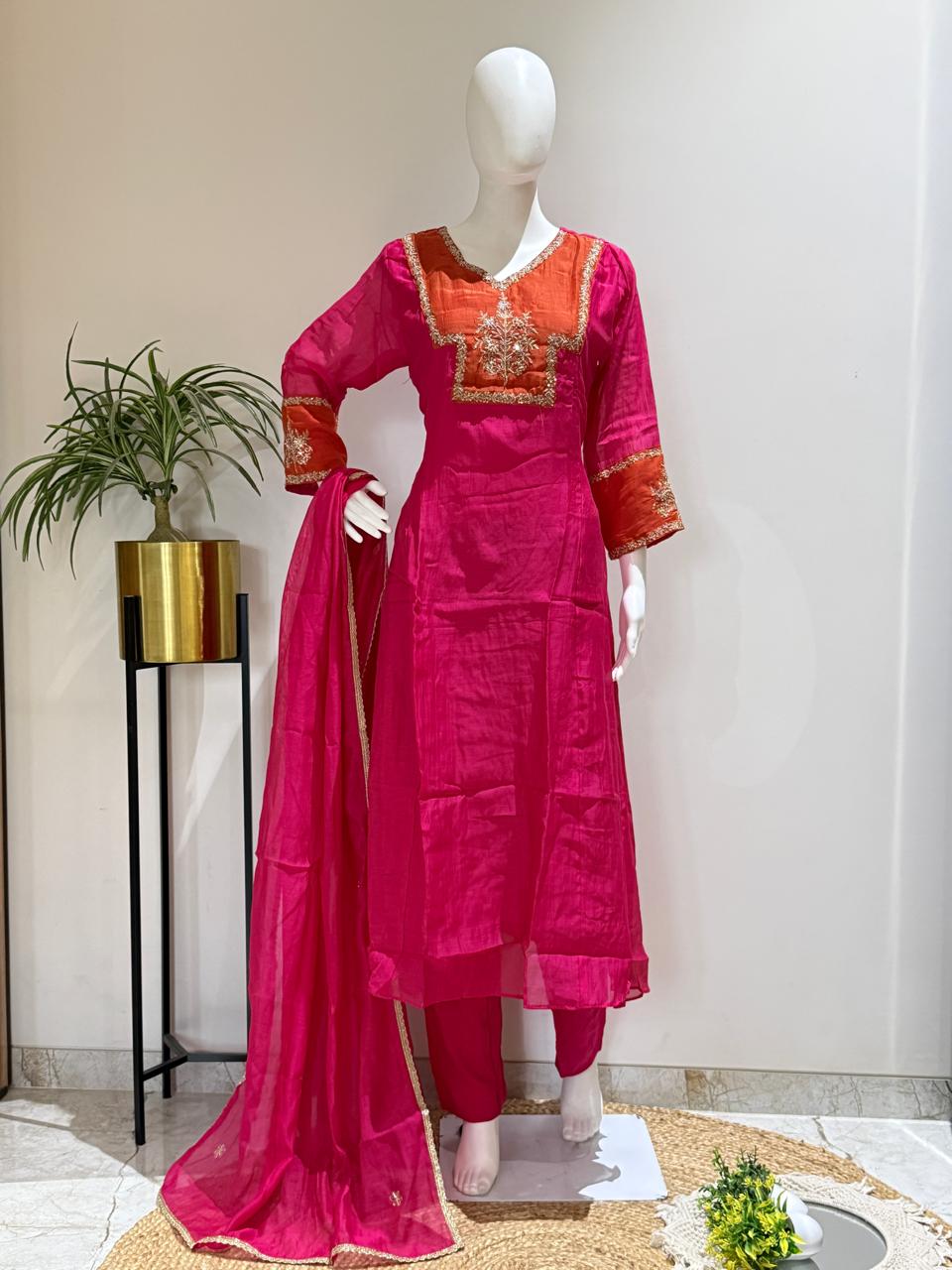 Pure Banaras Mul Chanderi A-Line Kurta Pant Dupatta Set | Handwork Ethnic Suit