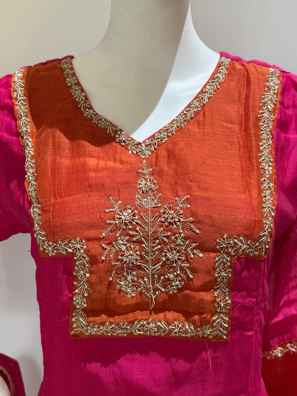 Pure Banaras Mul Chanderi A-Line Kurta Pant Dupatta Set | Handwork Ethnic Suit