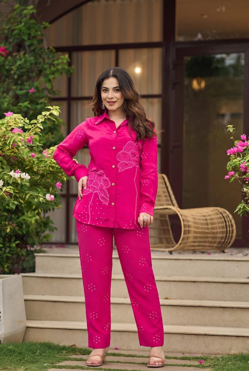 Pure Muslin Silk Co-Ord Set with Lining | Premium Pink Designer Shirt & Pant Set