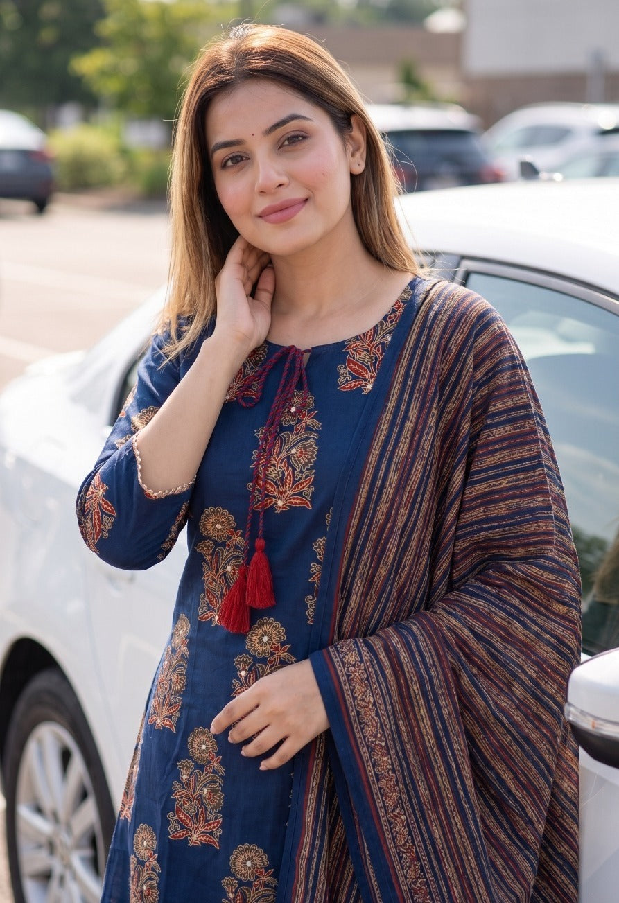 Pure Cotton Straight Fit Kurta Pant Dupatta Set | 3 Piece Ethnic Suit