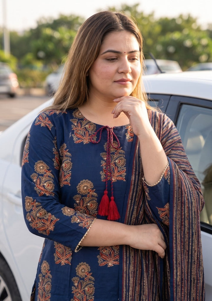 Pure Cotton Straight Fit Plus Size Kurta Pant Dupatta Set | 3 Piece Ethnic Suit