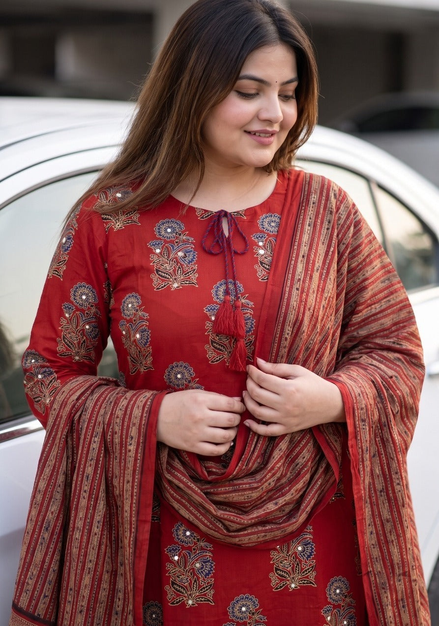 Pure Cotton Straight Fit Plus Size Kurta Pant Dupatta Set | Maroon 3 Piece Ethnic Suit